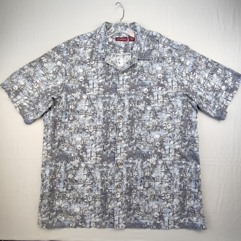 Covington Button Up Mens XXL Grey Blue Abstract Palm Tropical Cotton Shirt SS